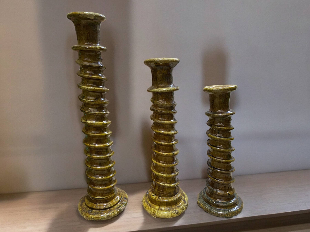 Handcrafted Moroccan Ochre Tamegroute Large Abstract Twist Sculpture Candlestick Holder