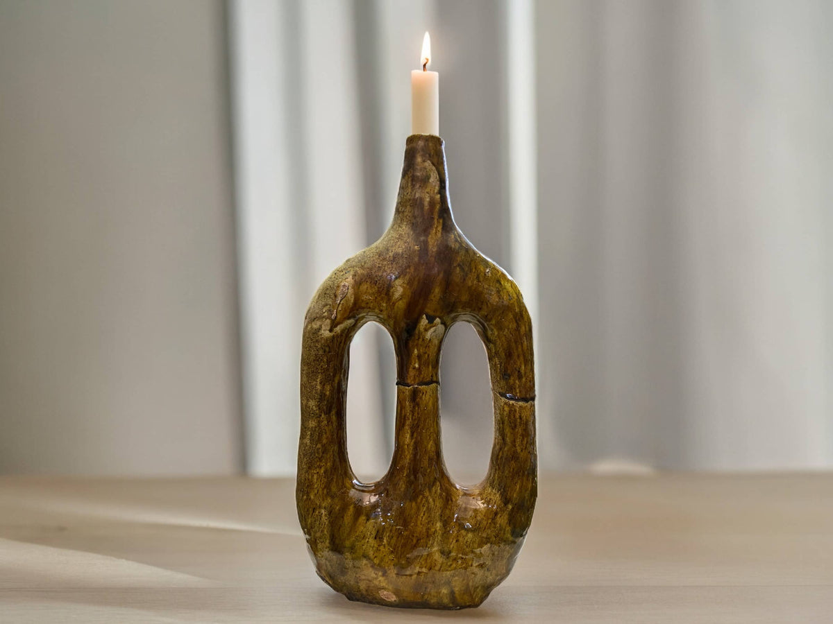 Handcrafted Moroccan Ochre Glazed Tamegroute Picasso Candlestick Sculpture