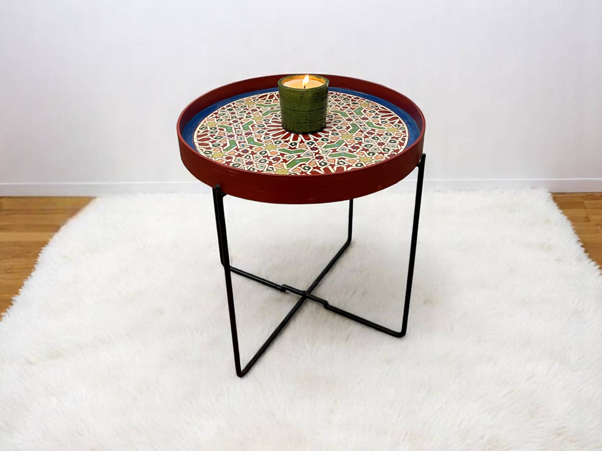 Multicolor Hand-Painted Arabesque Folding Side Table with Black & Gold Metal Base