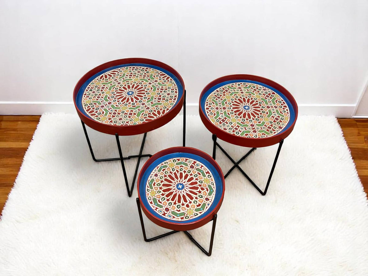 Multicolor Hand-Painted Arabesque Folding Side Table with Black & Gold Metal Base