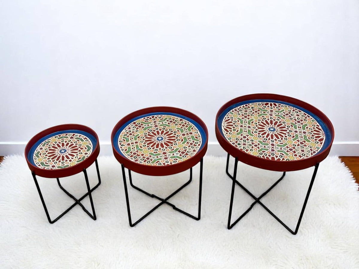 Multicolor Hand-Painted Arabesque Folding Side Table with Black & Gold Metal Base
