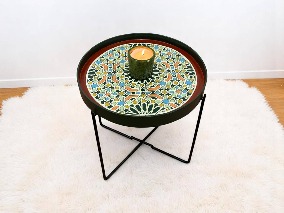 Multicolor Hand-Painted Arabesque Folding Side Table with Black & Gold Metal Base
