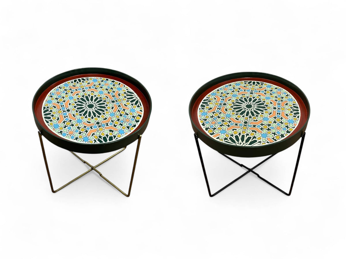 Multicolor Hand-Painted Arabesque Folding Side Table with Black & Gold Metal Base