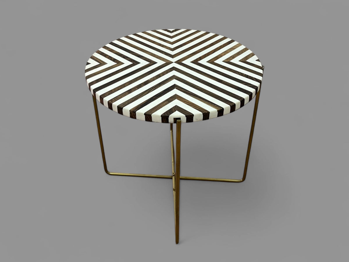 Walnut Wood and White Resin Round Side Table with Black & Gold Folding Iron Base