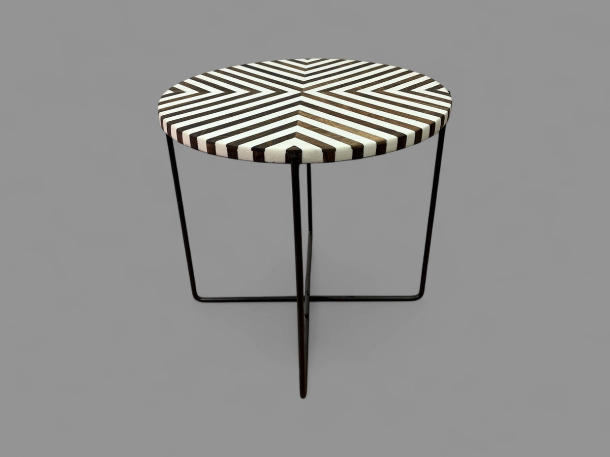 Walnut Wood and White Resin Round Side Table with Black & Gold Folding Iron Base