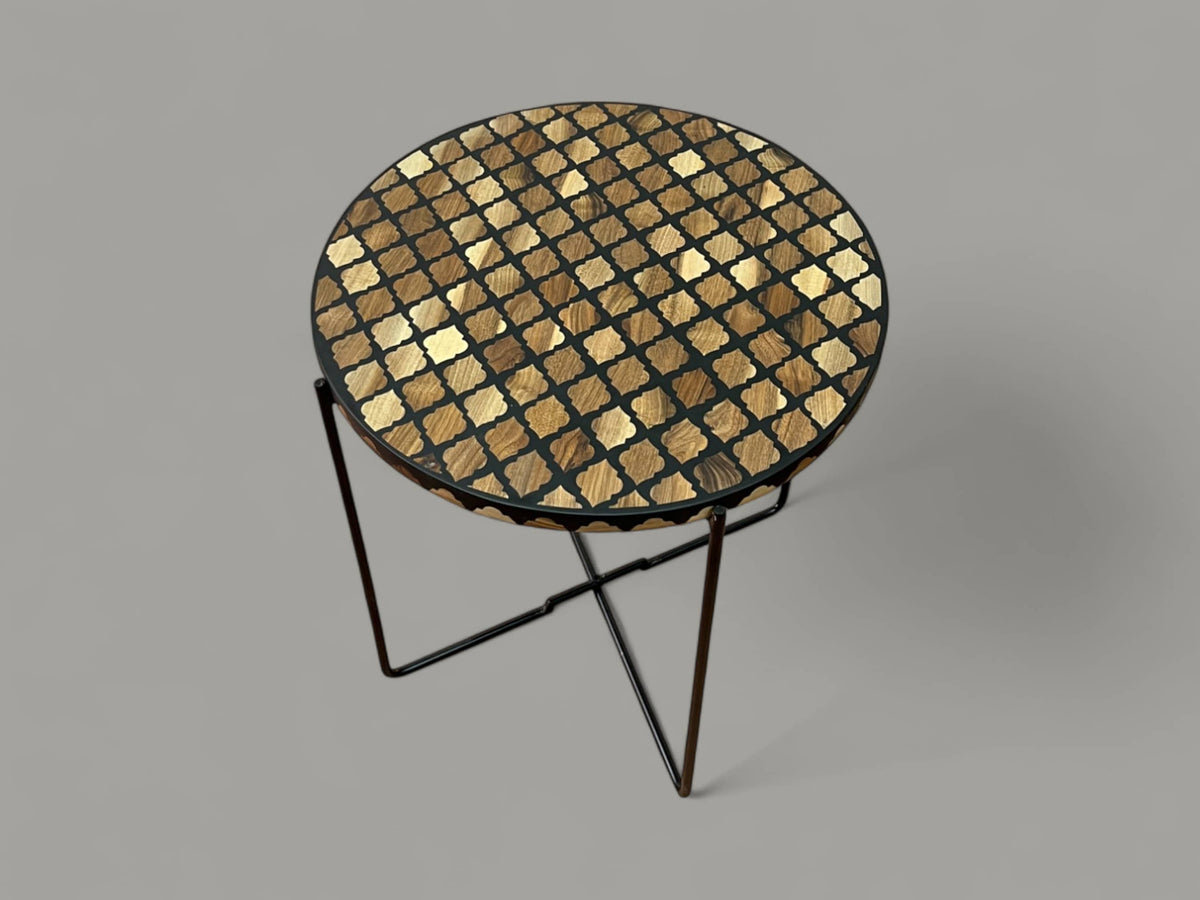 Walnut Wood and Black Resin Round Side Table with Black & Gold Iron Folding Base – Handmade Modern Accent Table