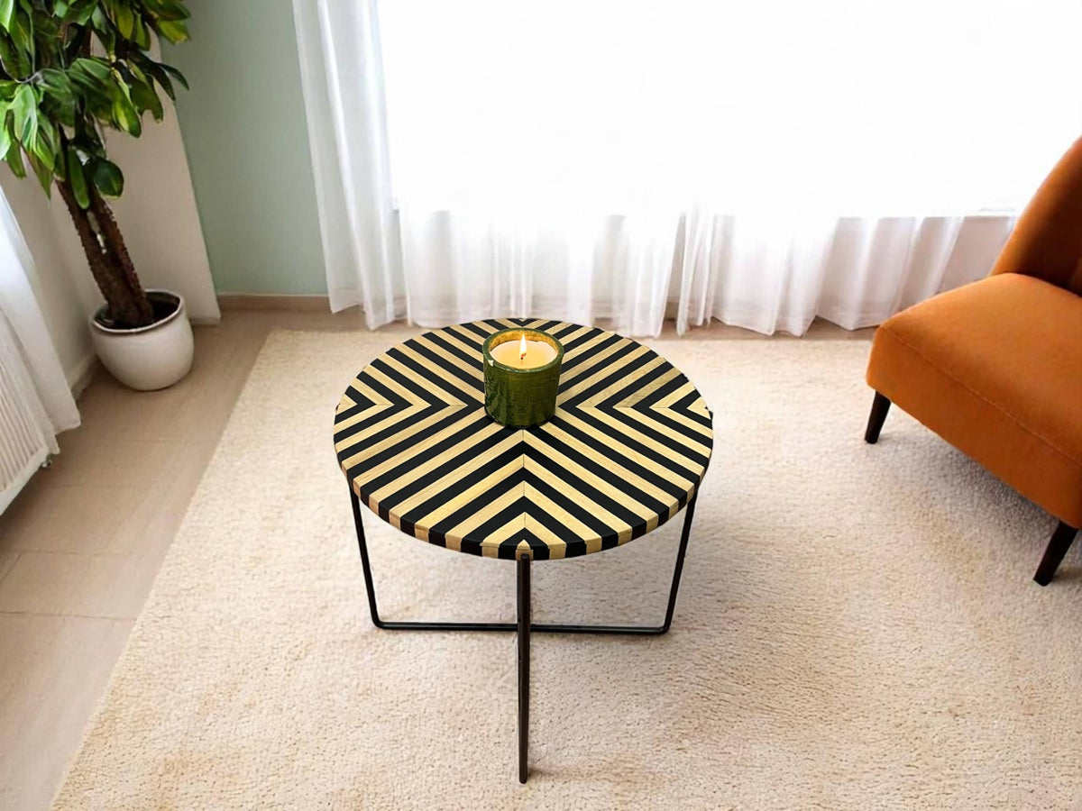 Black Resin and Cedar Wood Round Side Table with Black & Gold Iron Folding Base