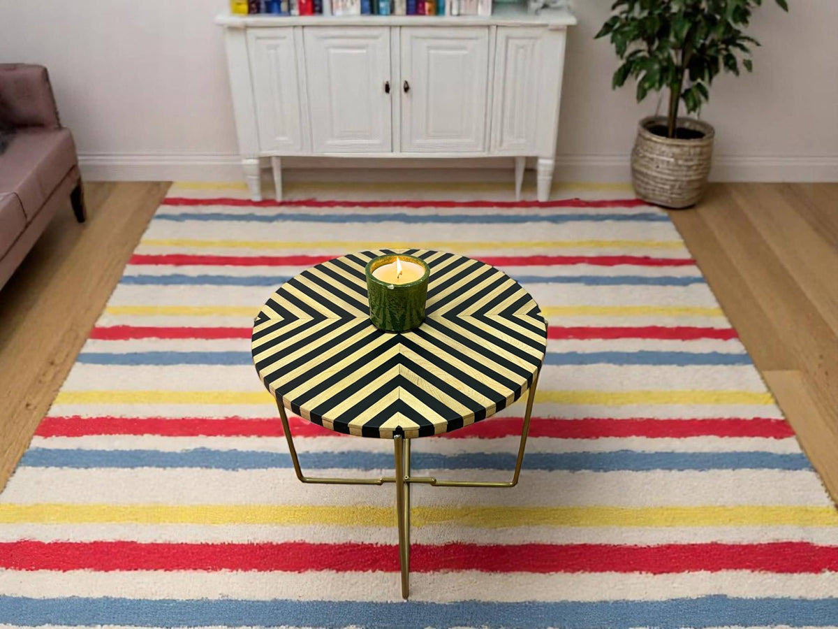 Black Resin and Cedar Wood Round Side Table with Black & Gold Iron Folding Base