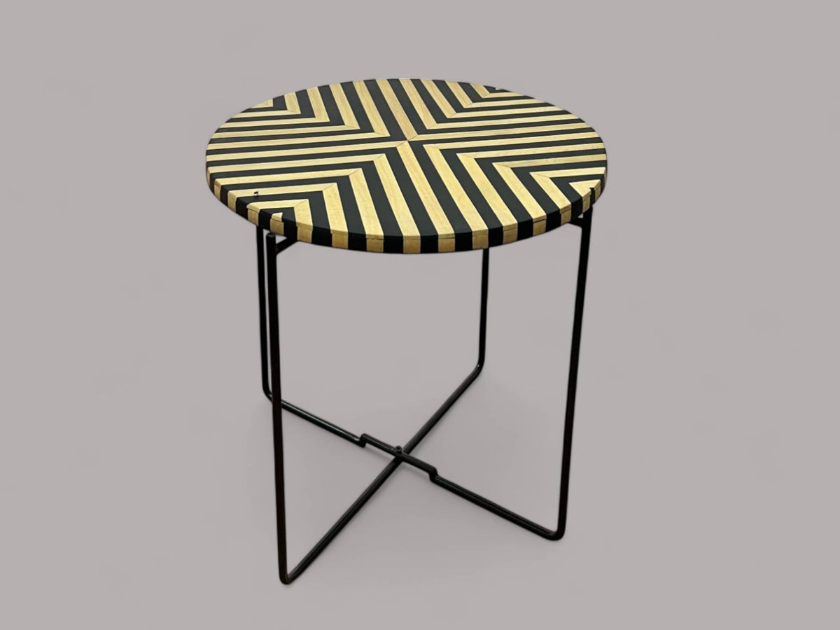 Black Resin and Cedar Wood Round Side Table with Black & Gold Iron Folding Base