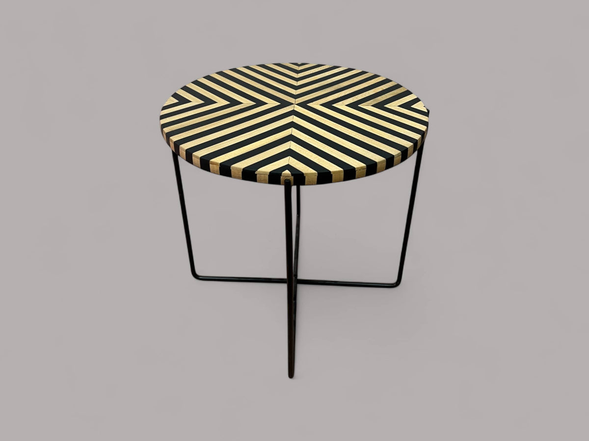Black Resin and Cedar Wood Round Side Table with Black & Gold Iron Folding Base
