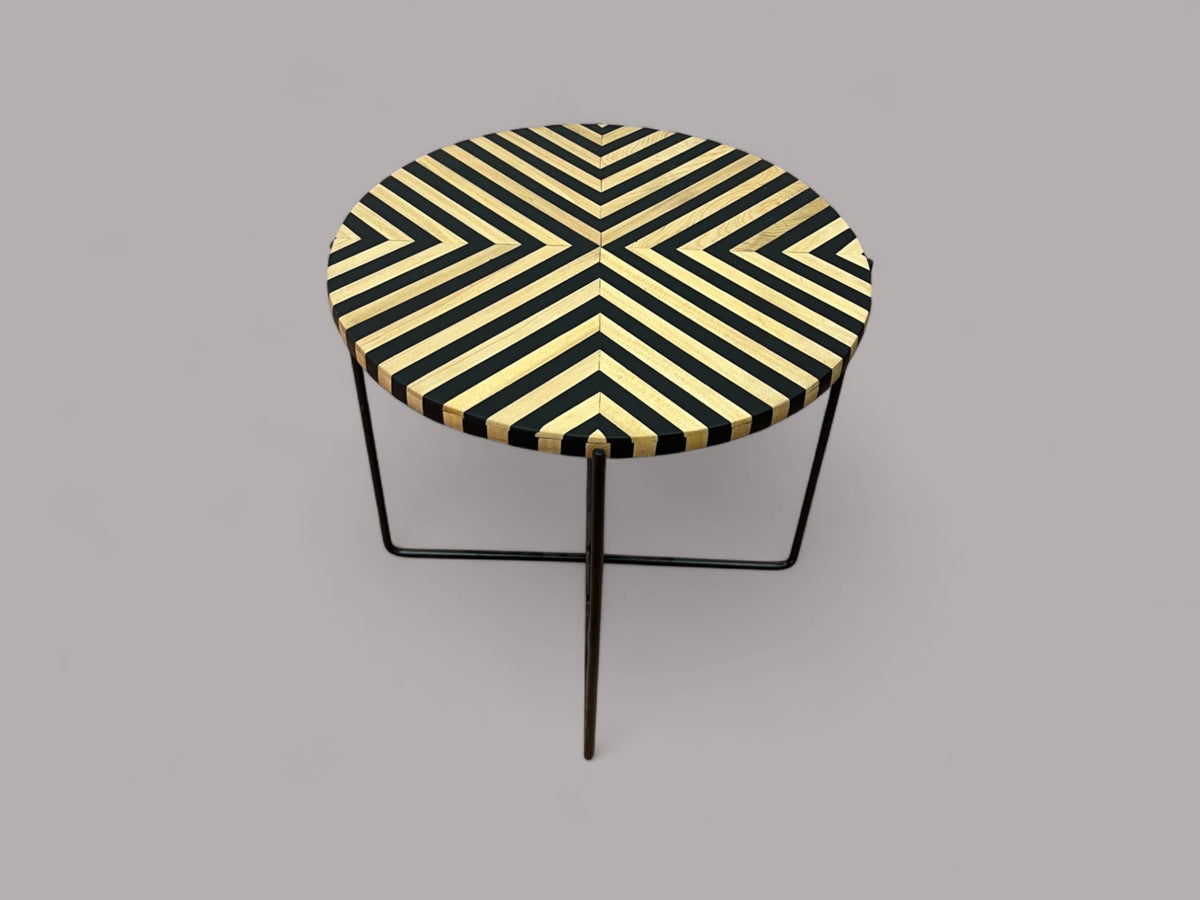 Black Resin and Cedar Wood Round Side Table with Black & Gold Iron Folding Base