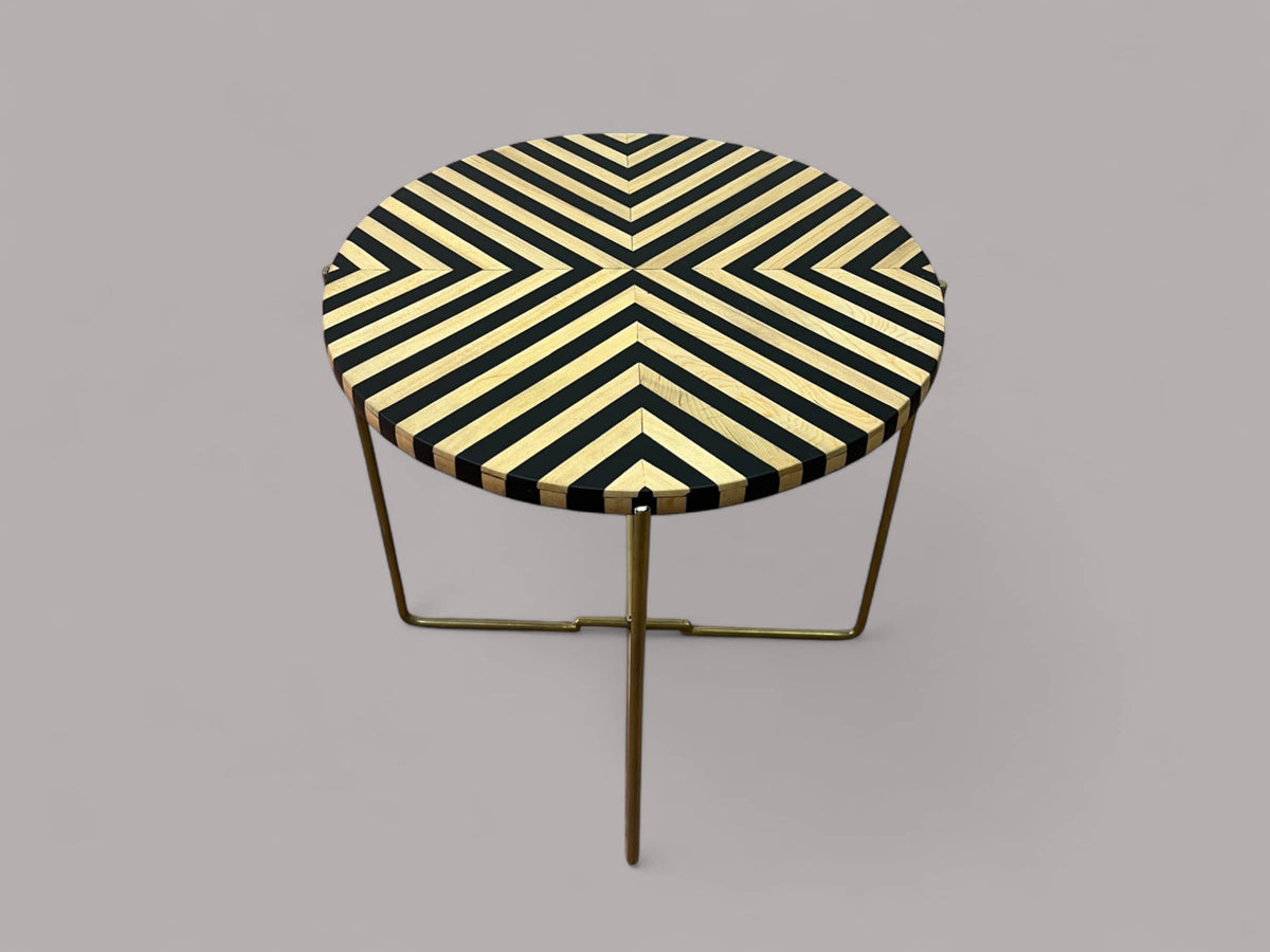 Black Resin and Cedar Wood Round Side Table with Black & Gold Iron Folding Base