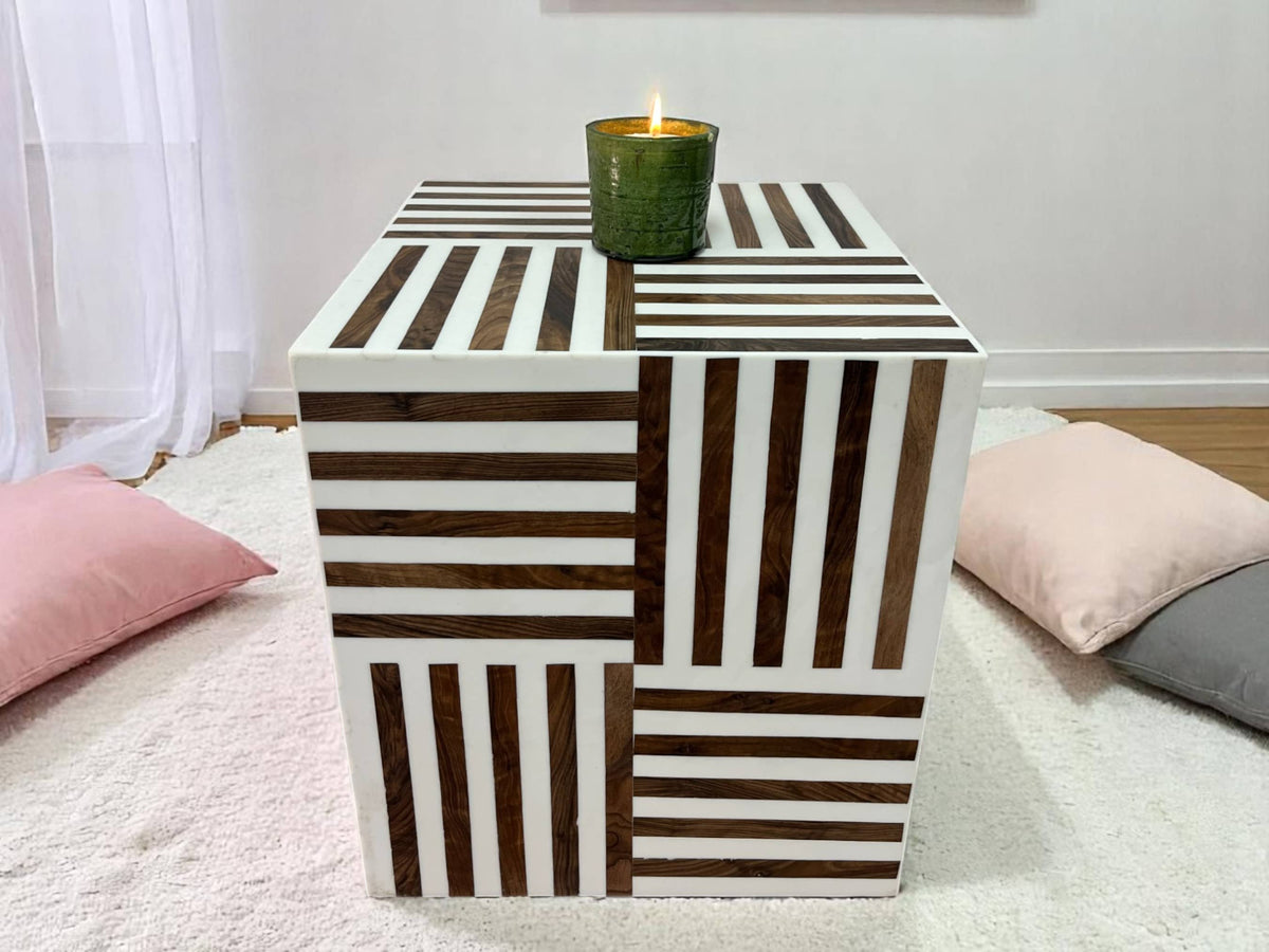 Square Walnut Wood and White Resin Side Table