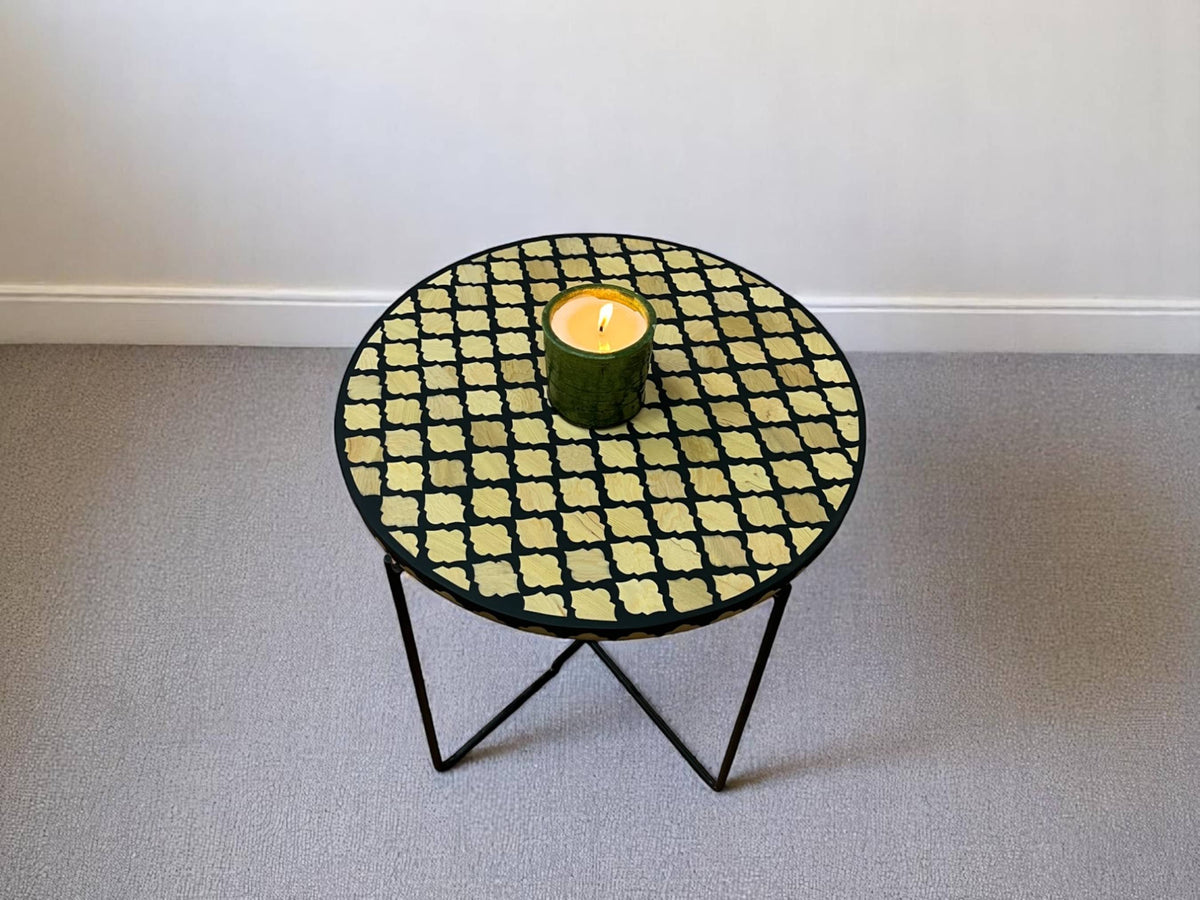 Handmade Black Resin and Cedar Wood Side Table with Gold & Black Folding Base