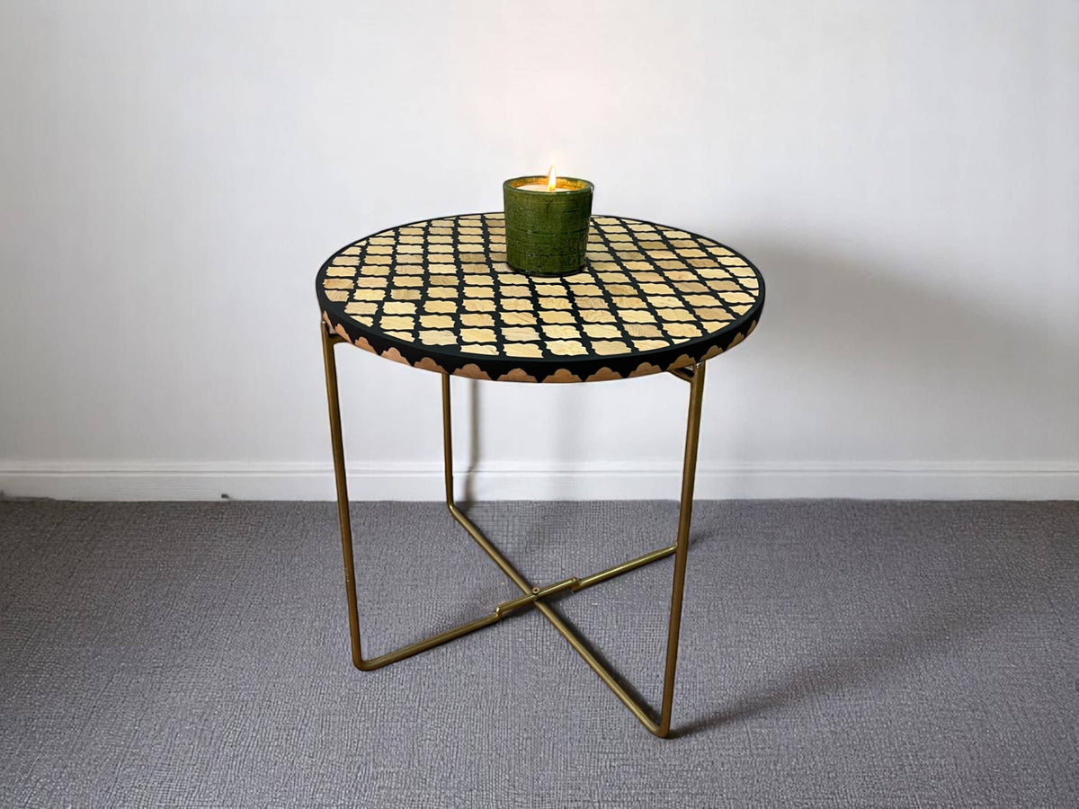 Handmade Black Resin and Cedar Wood Side Table with Gold & Black Folding Base