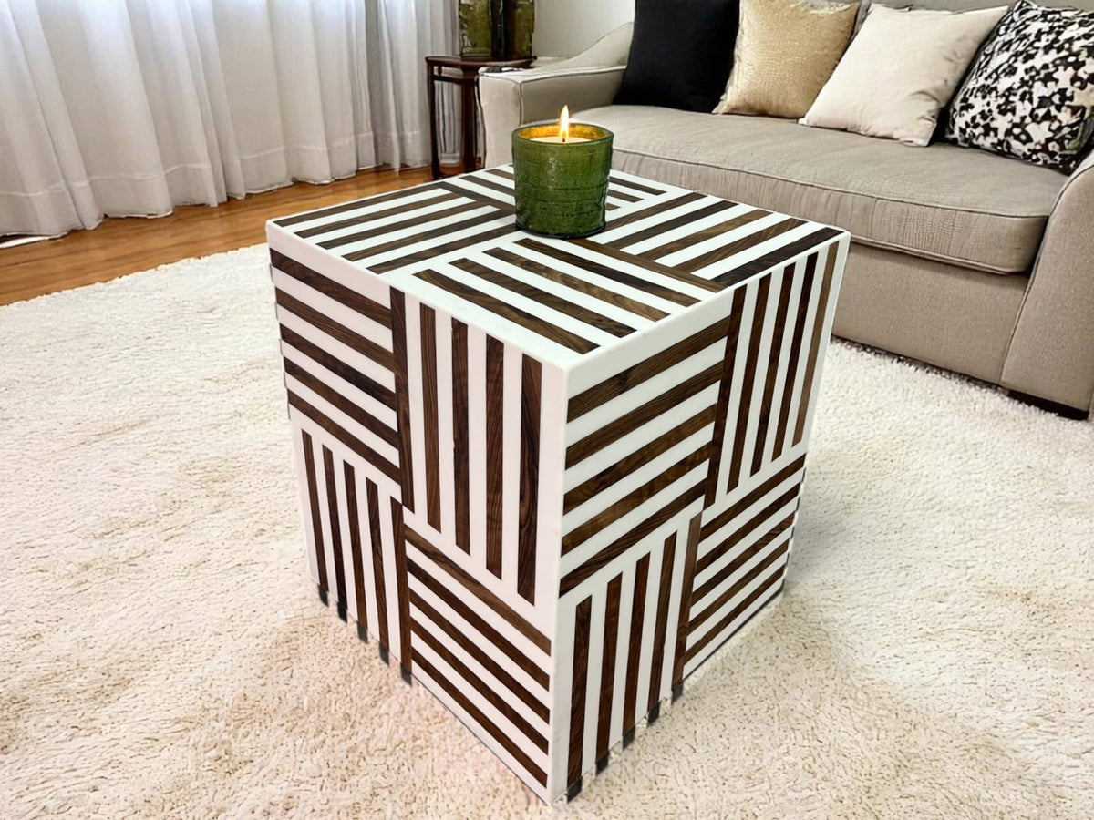 Square Walnut Wood and White Resin Side Table
