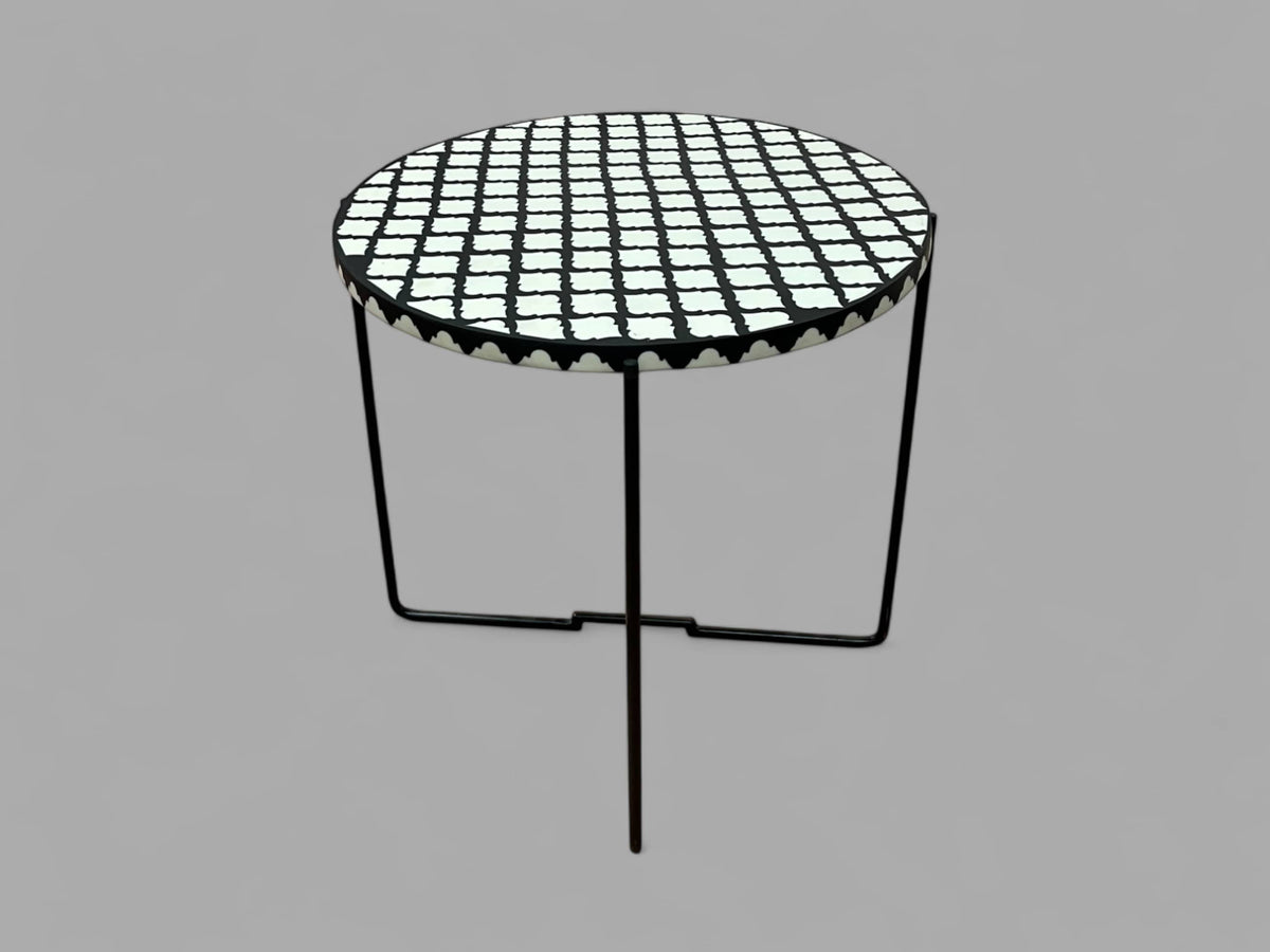 Black and White Resin Round Side Table with Black & Gold Iron Folding Base