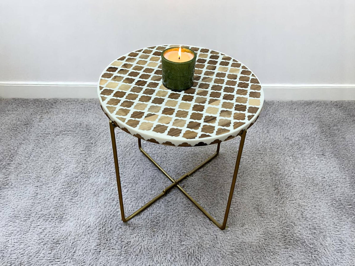 White Resin and Walnut Wood Round Side Table