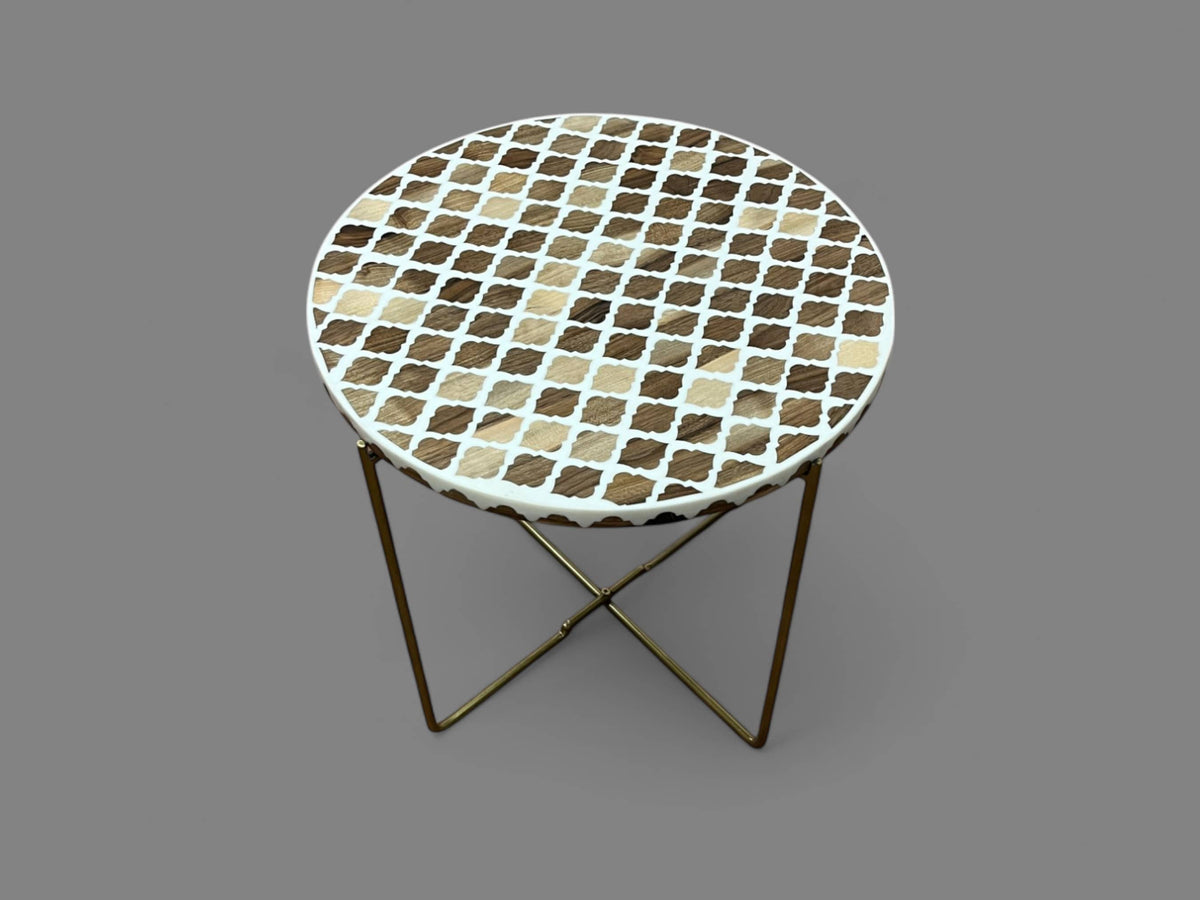 White Resin and Walnut Wood Round Side Table