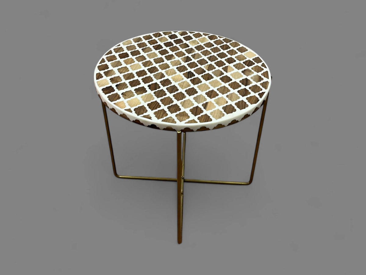 White Resin and Walnut Wood Round Side Table