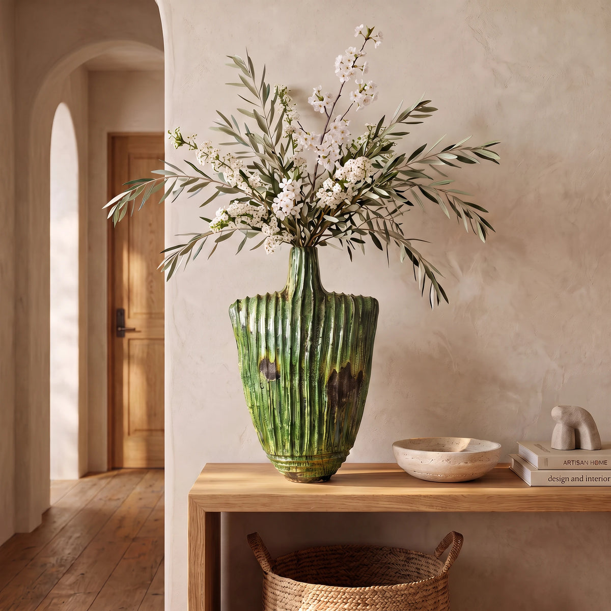 Large Sculptural Tamegroute Floor Vase | Handmade Moroccan Green Ceramic Vase (90 cm)