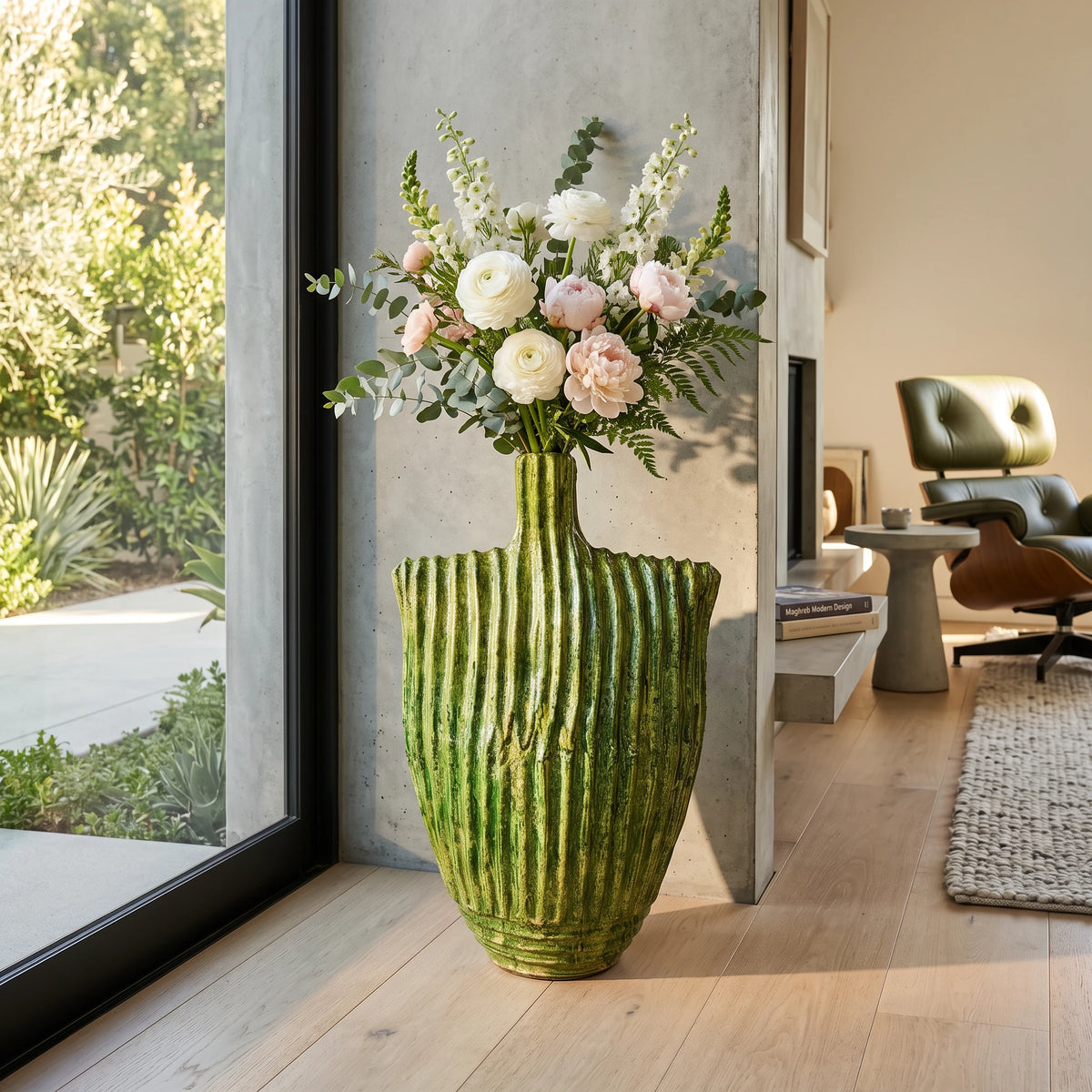 Large Sculptural Tamegroute Floor Vase | Handmade Moroccan Green Ceramic Vase (90 cm)