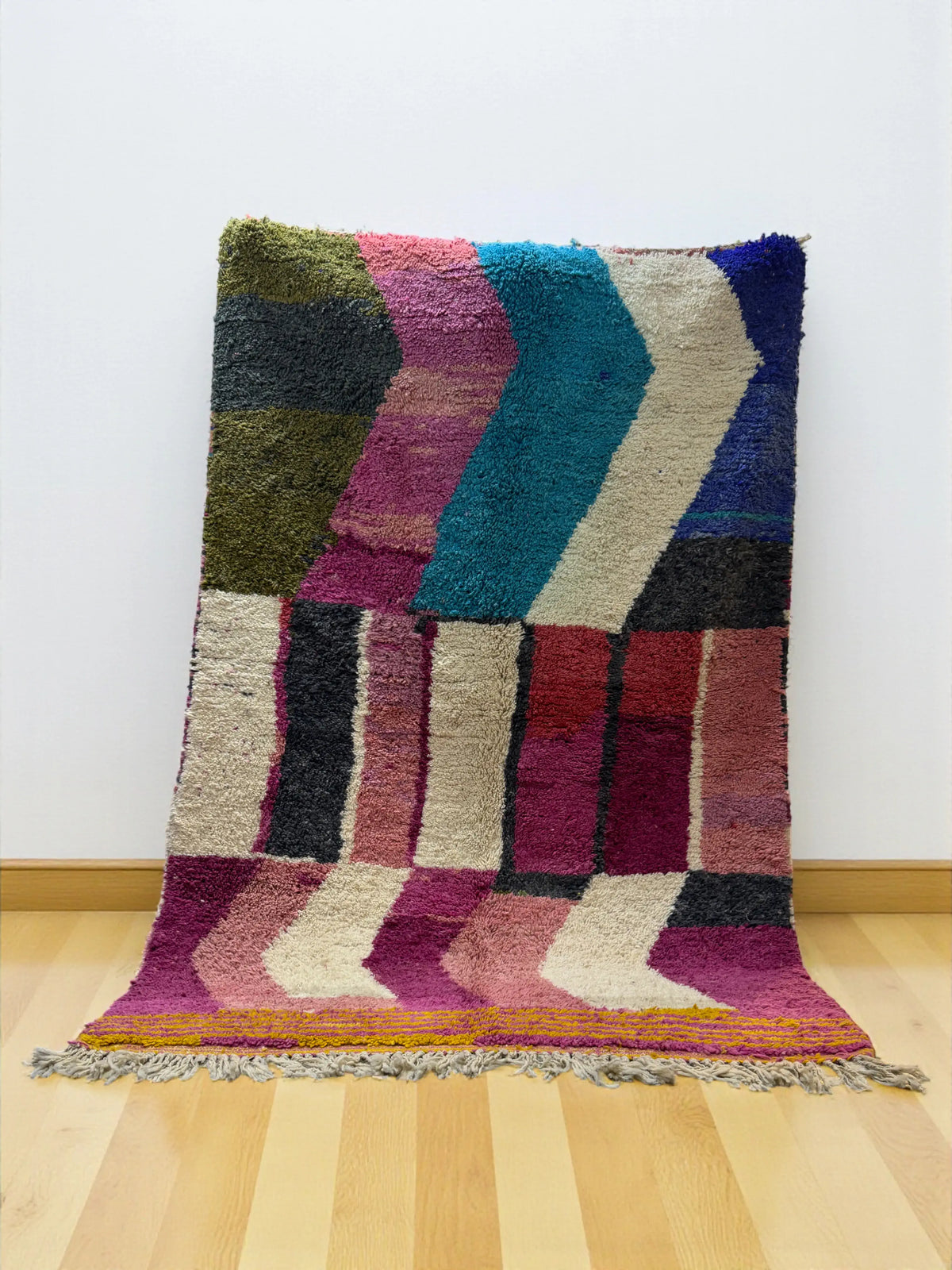 Handwoven Moroccan Bjaad carpet with bold chevron and color-block pattern in multicolor wool, 241 × 161 cm