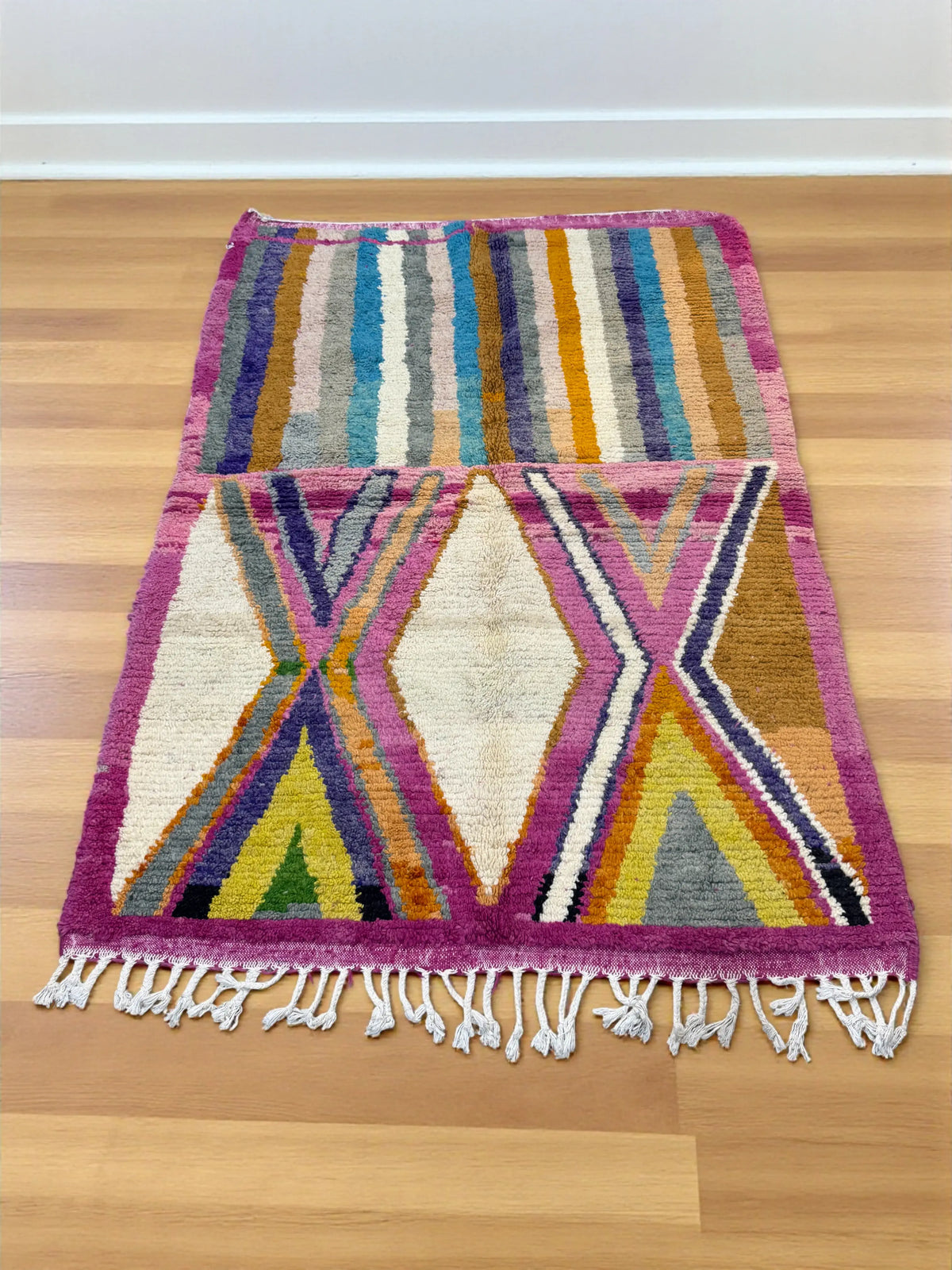 Handwoven Moroccan Bjaad Carpet – Dual Pattern Wool Rug (246 × 170 cm)