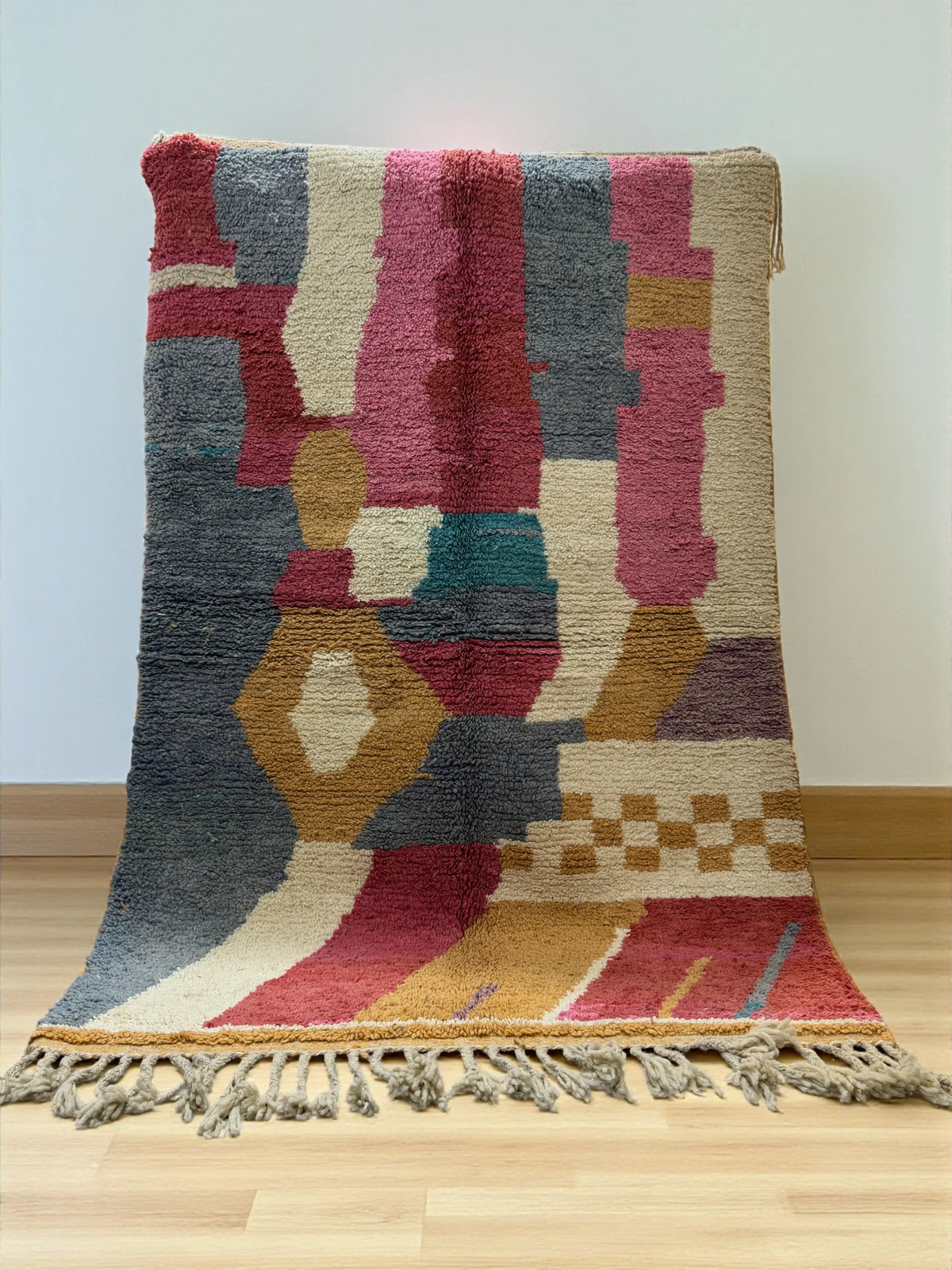 Handwoven Moroccan Bjaad carpet with abstract earth and rose geometric design in multicolor wool, 229 × 161 cm