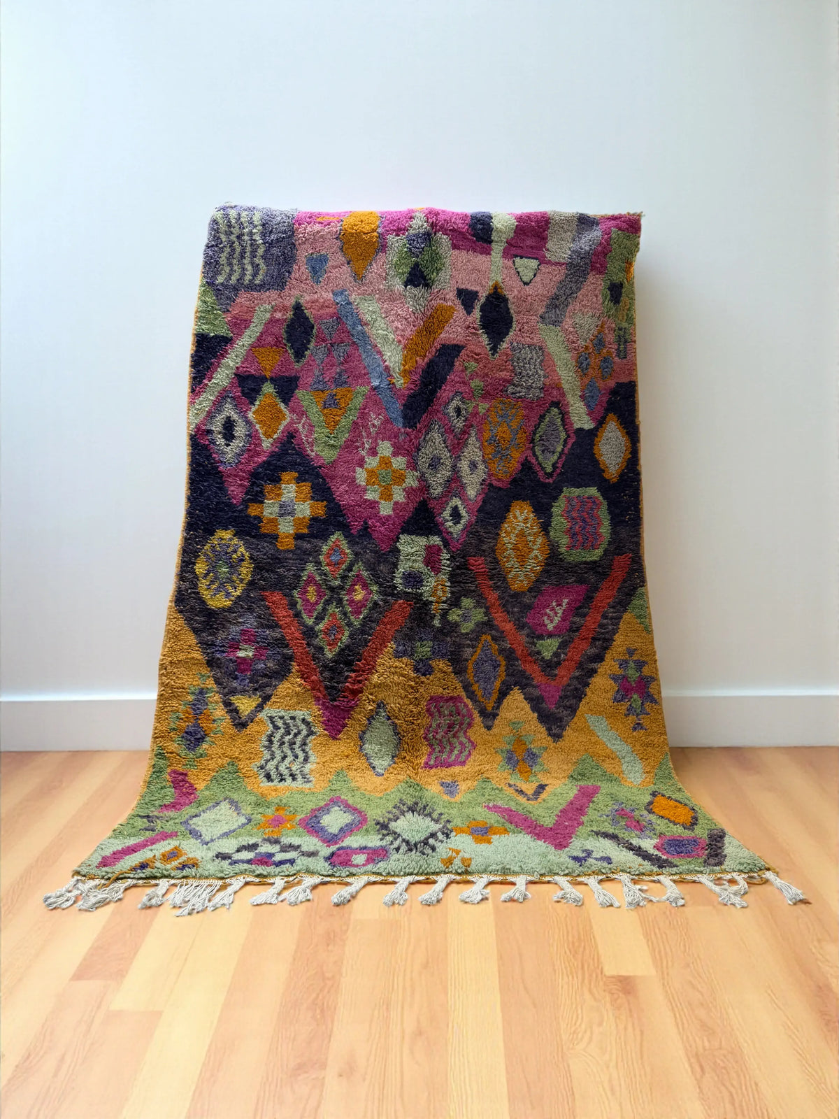 Handwoven Moroccan Bjaad carpet with tribal jewel geometric motifs in multicolor wool, 252 × 164 cm