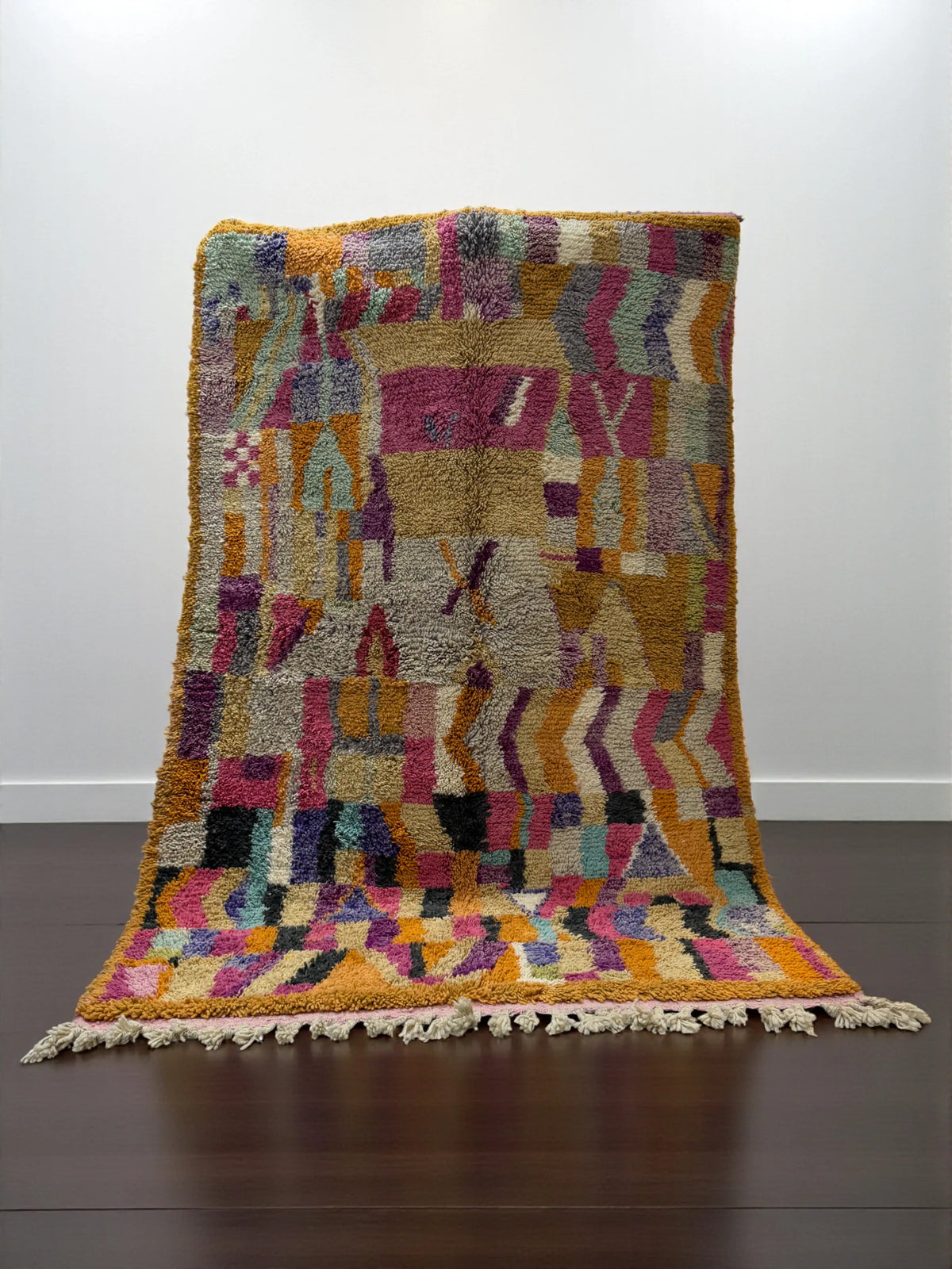 Handwoven Moroccan Bjaad carpet with abstract patchwork geometric design in multicolor wool, 248 × 159 cm