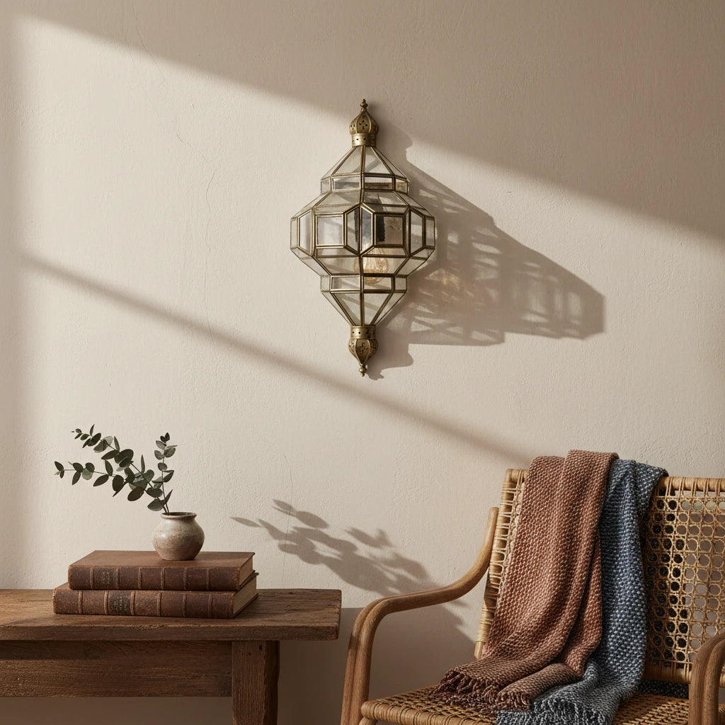 moroccan brass wall sconce clear glass geometric