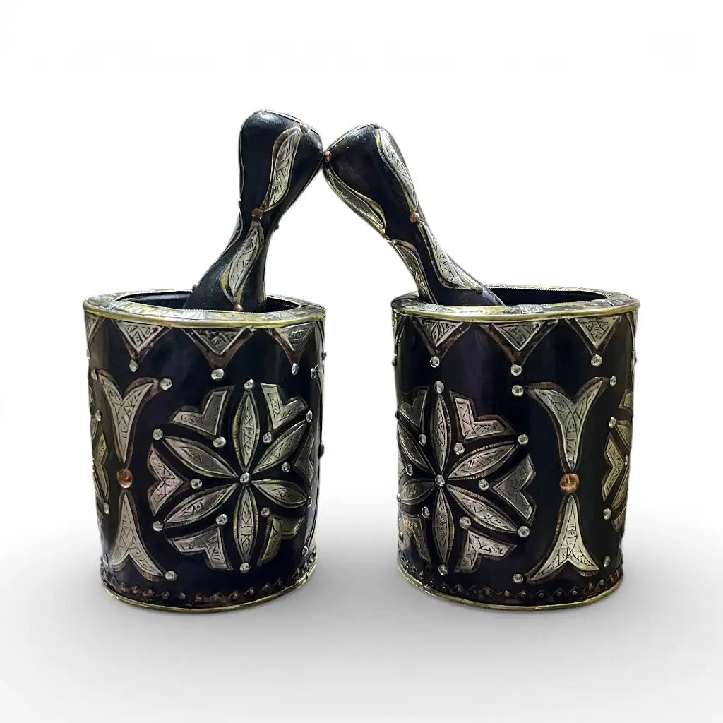 Moroccan Hand-Engraved Copper Mortar & Pestle with Brass & Berber Silver Plating