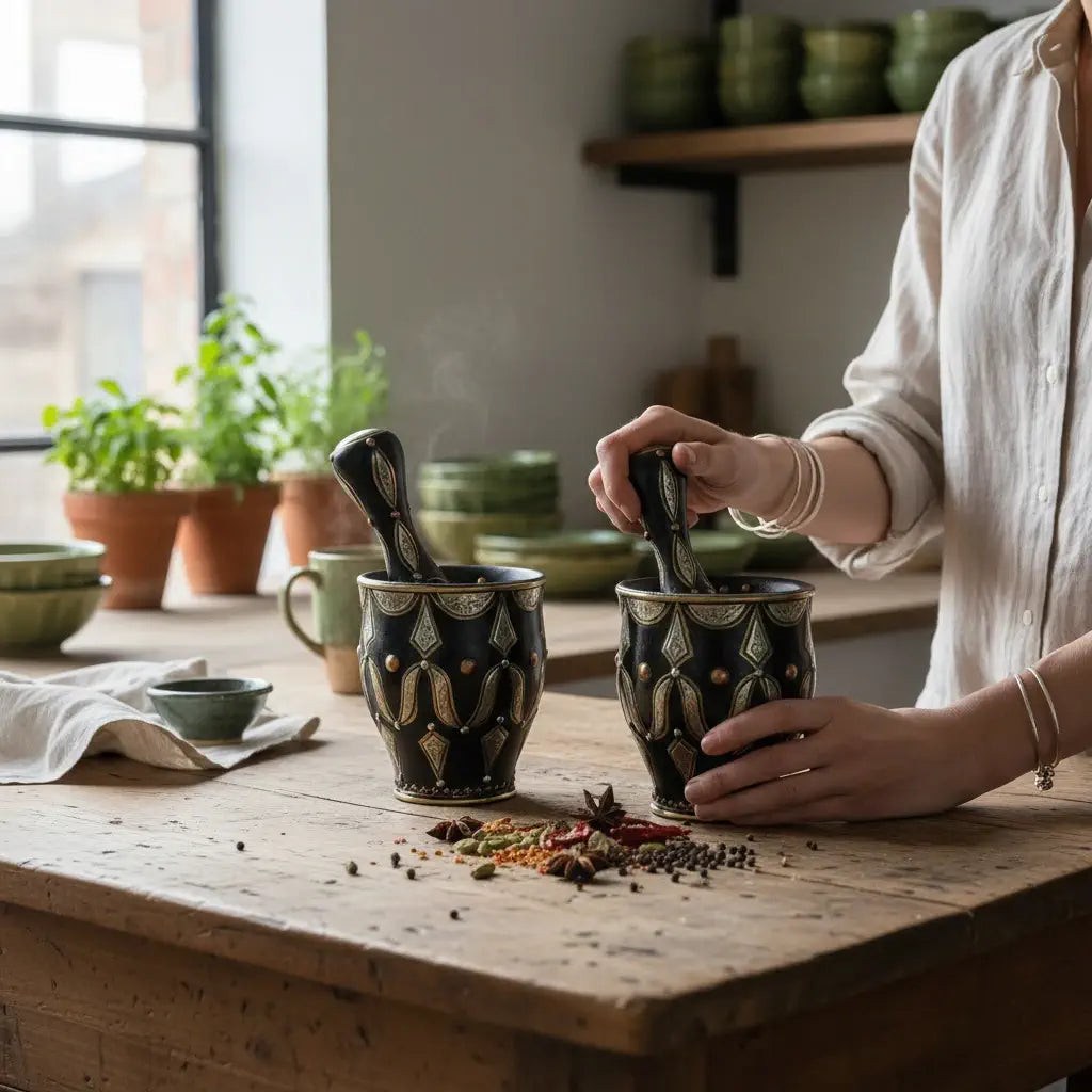Hand-engraved Moroccan mortar and pestle made from copper with brass and Berber silver detailing