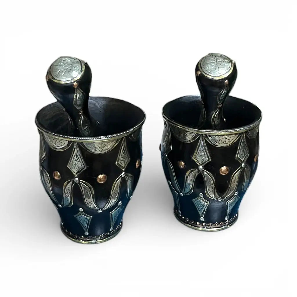 Hand-engraved Moroccan mortar and pestle made from copper with brass and Berber silver detailing