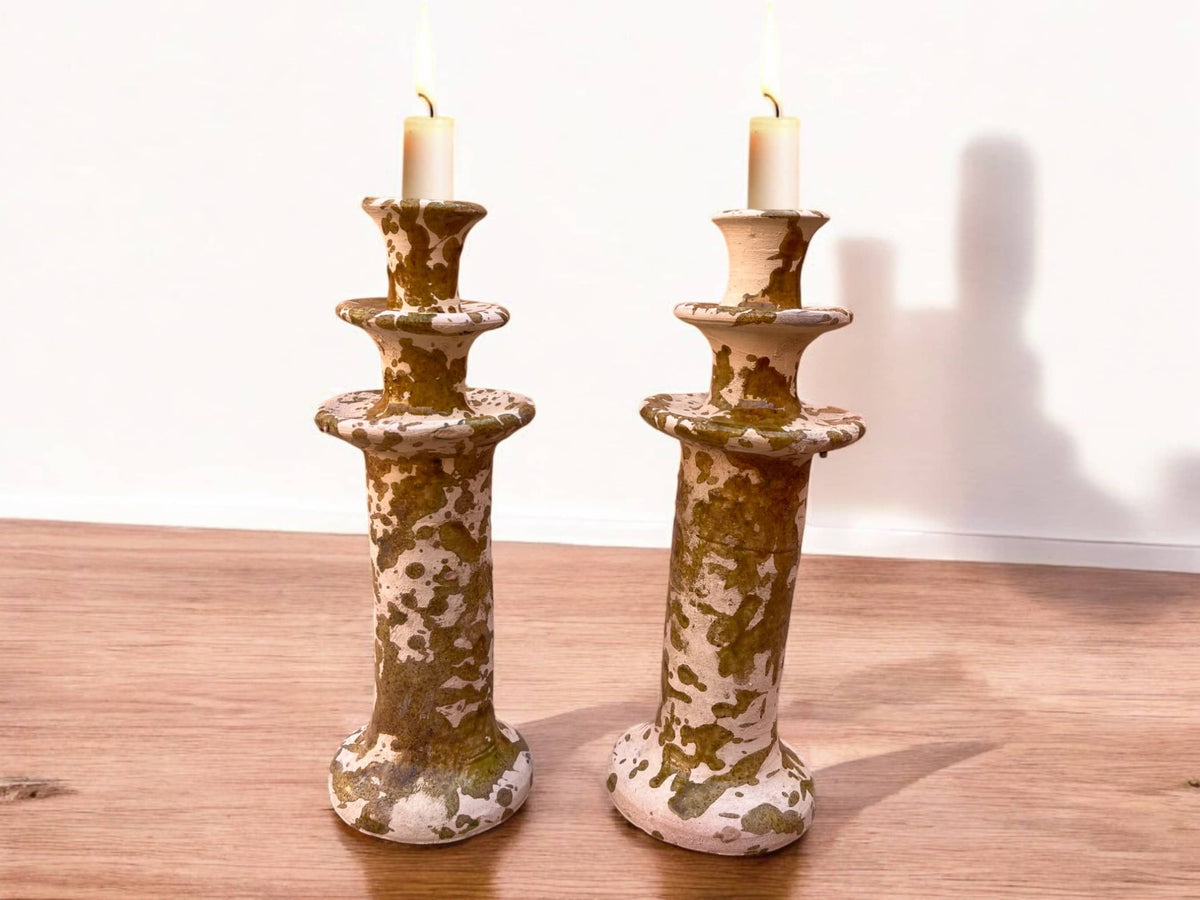 Handmade Moroccan Tamegroute Splatter Ochre-Glazed Ceramic Candle Holder | Artisan Pottery Decor