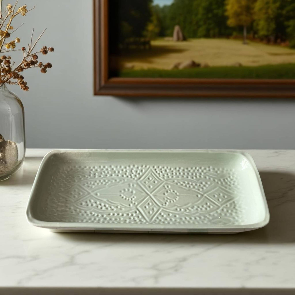 handmade and hand-engraved light green Moroccan platter