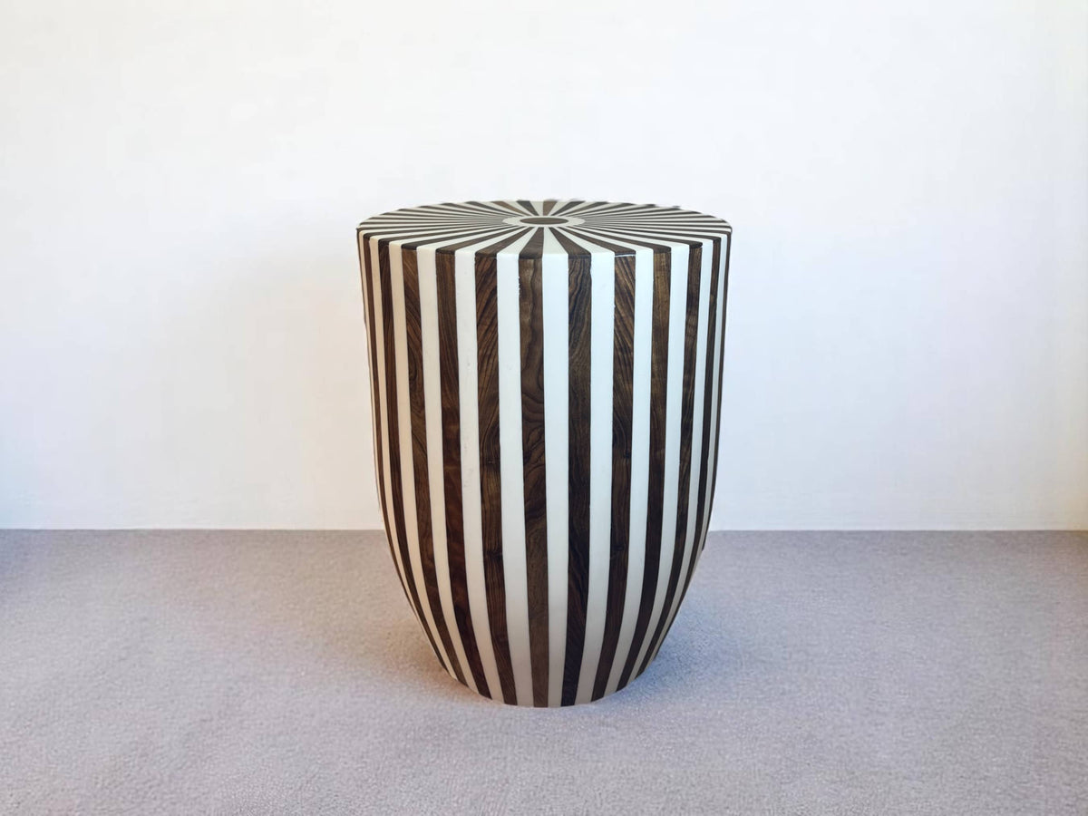 Round Walnut Wood and White Resin Side Table