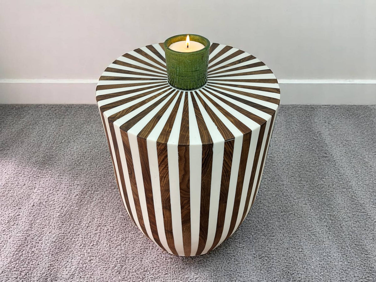 Round Walnut Wood and White Resin Side Table