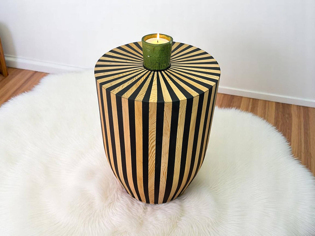 Handmade Round Black Resin and Cedar Wood Side Table – Modern Accent Table with Art Deco Design