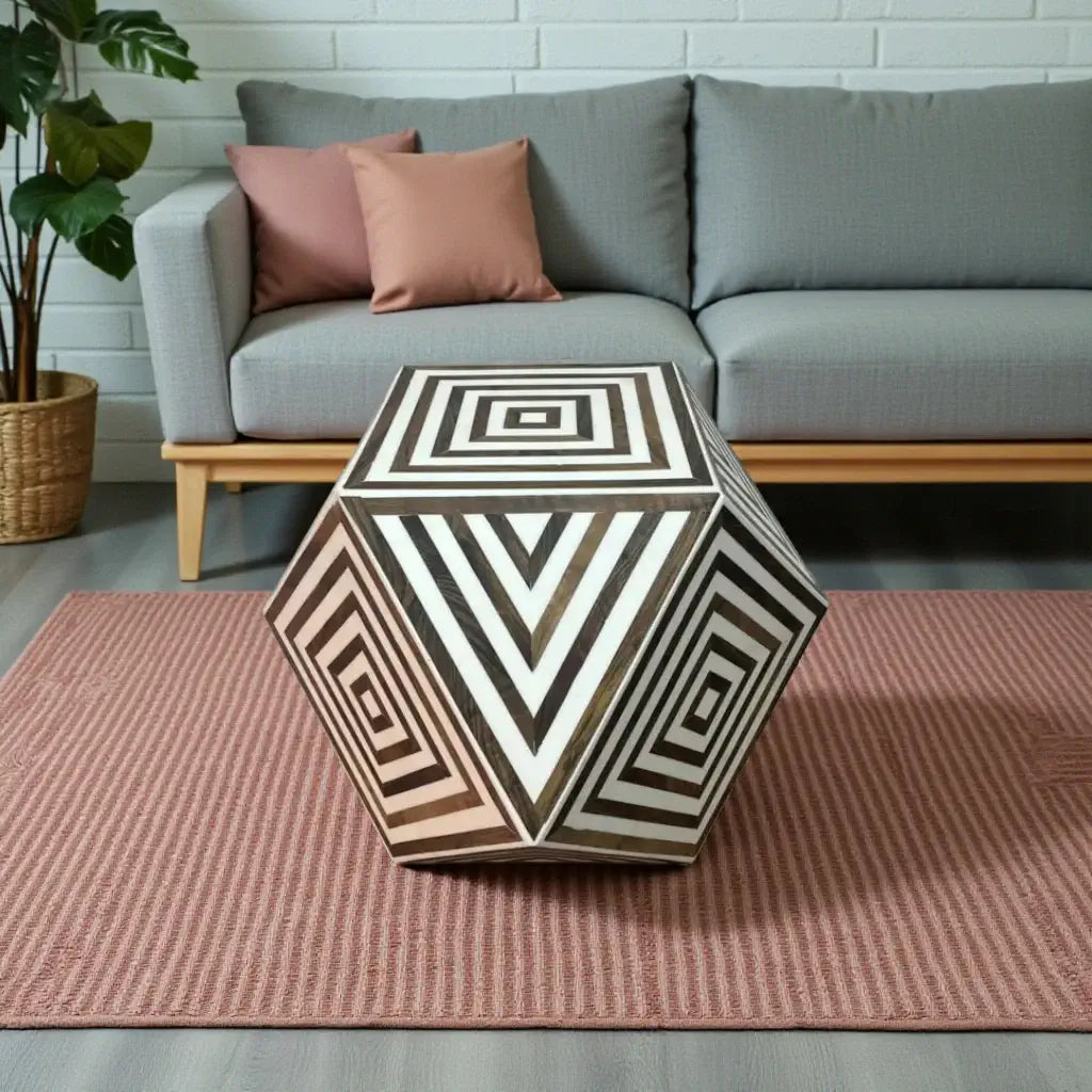 Handmade Art Deco walnut and white hexagonal side table with geometric resin inlay