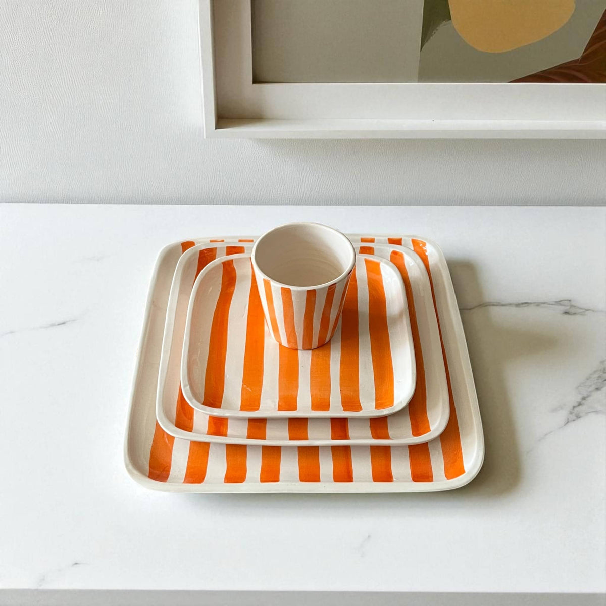 Hand-Painted Moroccan Ceramic Plate – Orange Striped Square Design