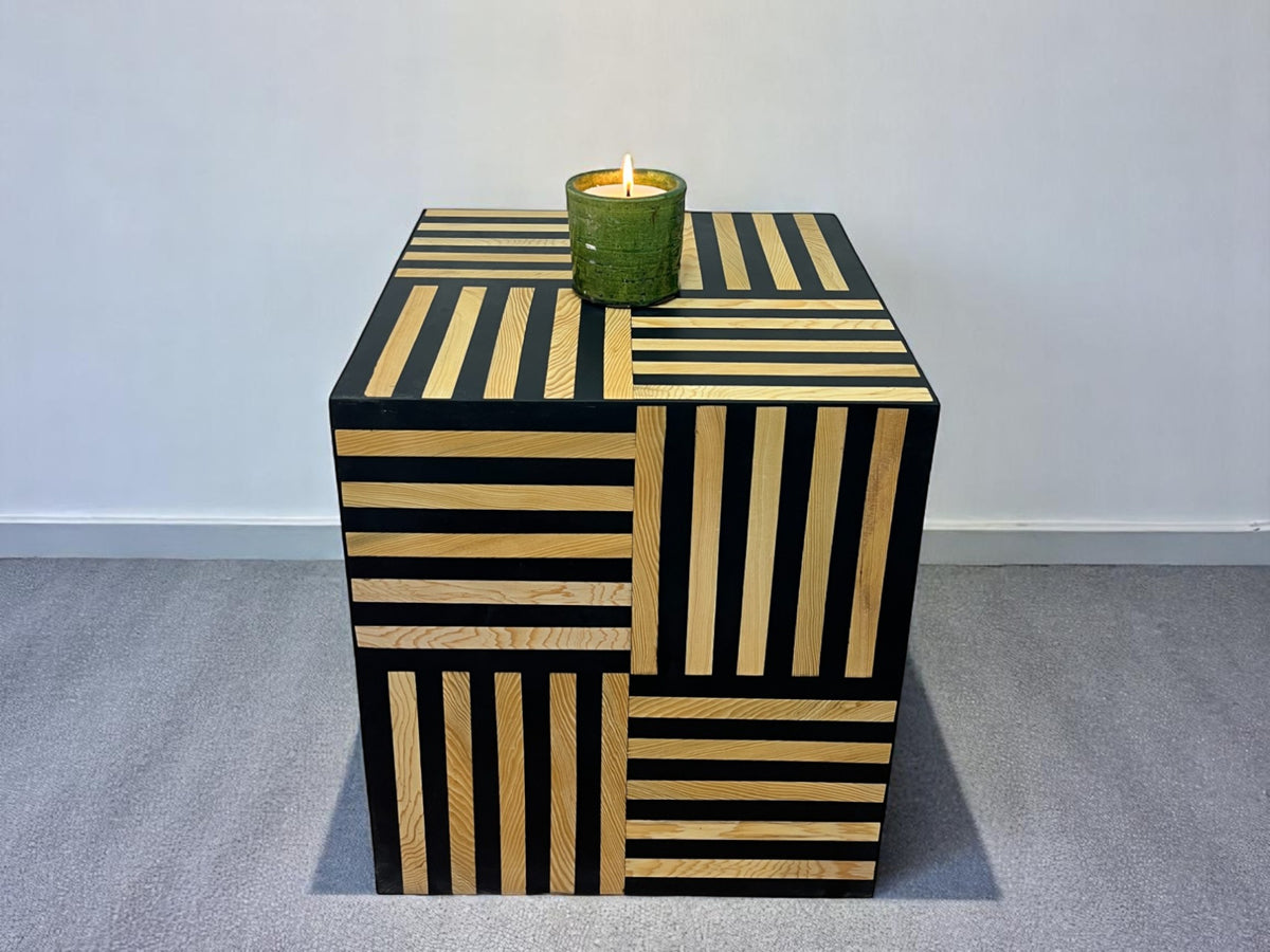 Square Black Resin and Cedar Wood Side Table