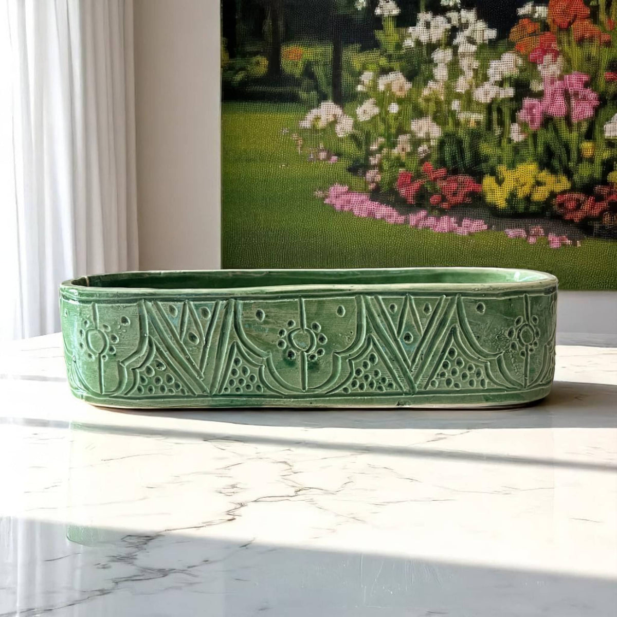 Discover Artisan Charm with This Handmade Green Embossed Serving Dish / Trough