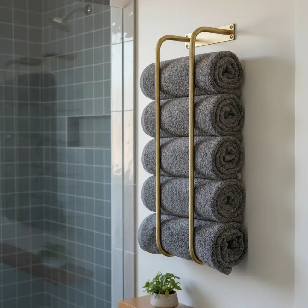 Gold towel rack with gray towels in a bathroom setting