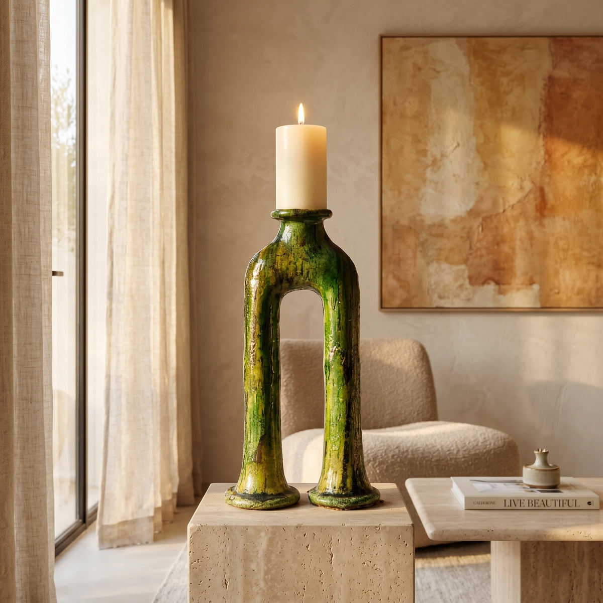 Handmade Tamegroute Double-Leg Vase – Moroccan Green Pottery (57 cm)