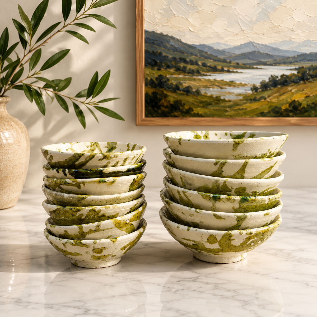 Handmade Moroccan clay bowls with yellow splatter glaze and exposed natural clay finish.