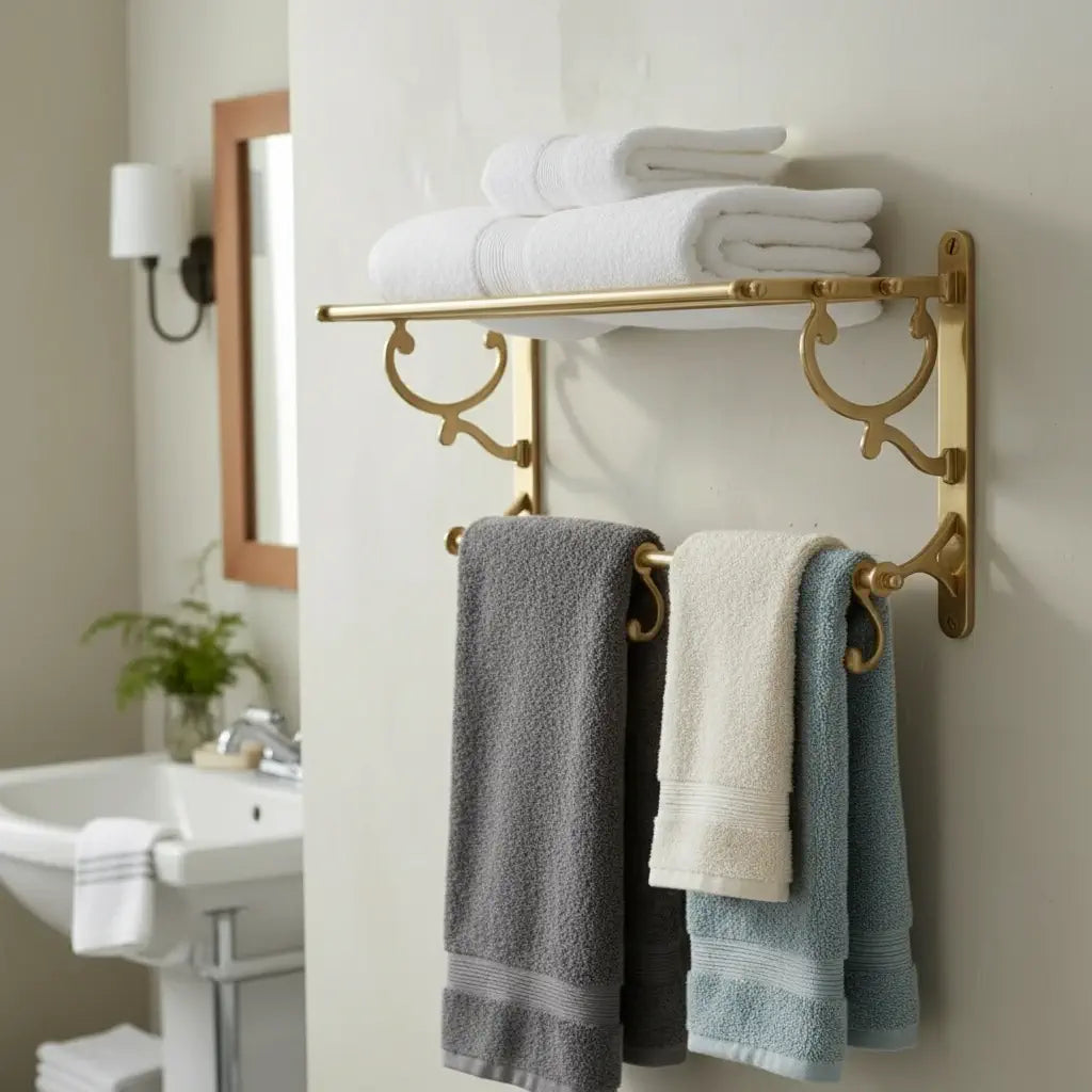 Unlacquered Brass Towel Rack with Hooks Wall Mounted Bathroom Shelf