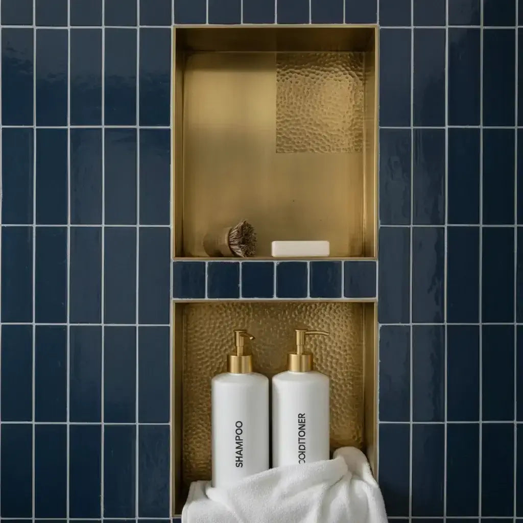unlacquered brass shower niche hammered finish recessed shelf