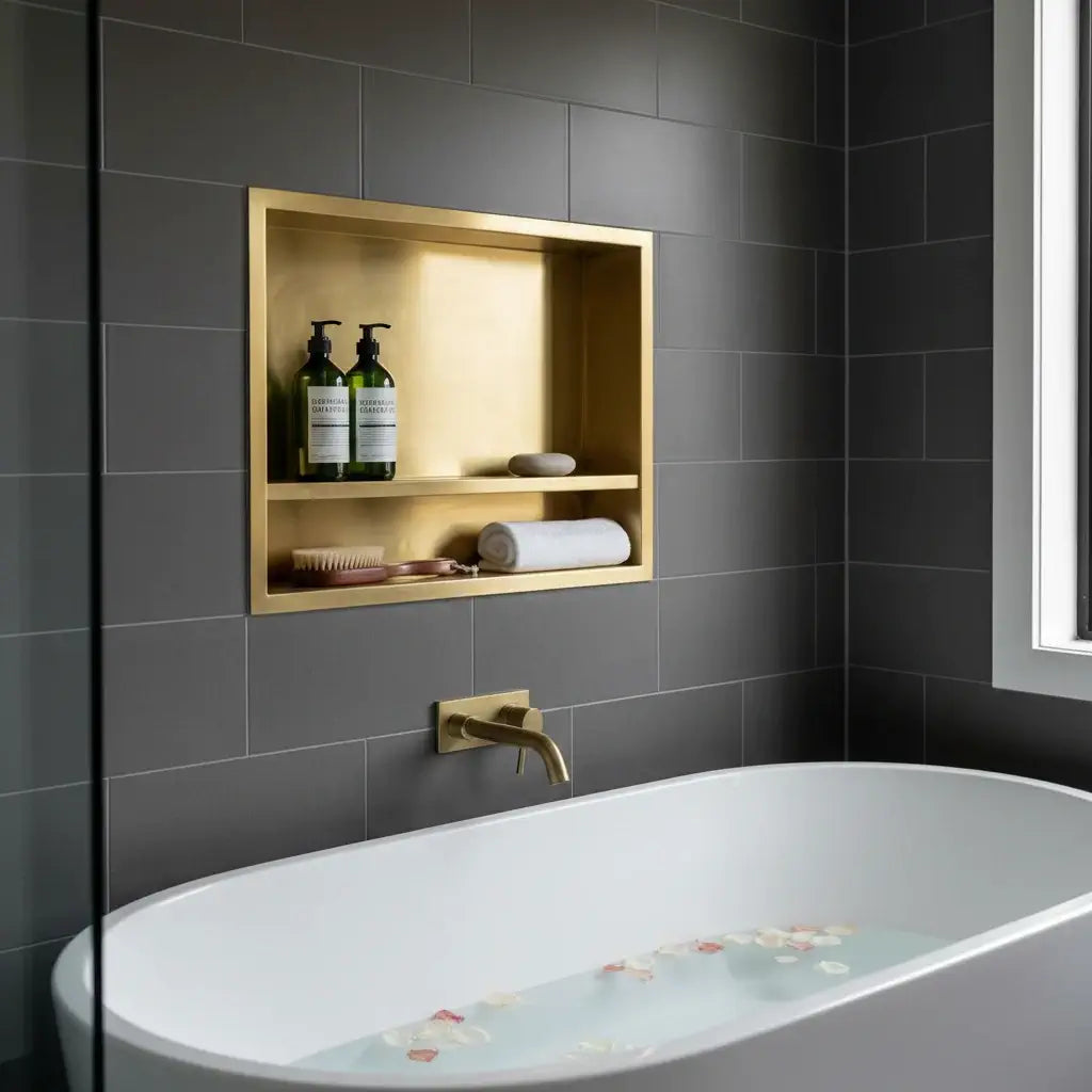 brass bathroom niche built in shower storage